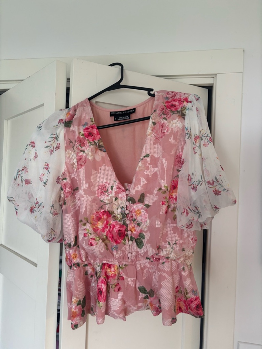 Anthropologie Pink Floral V-Neck Peplum Blouse with Sheer Puff Sleeves